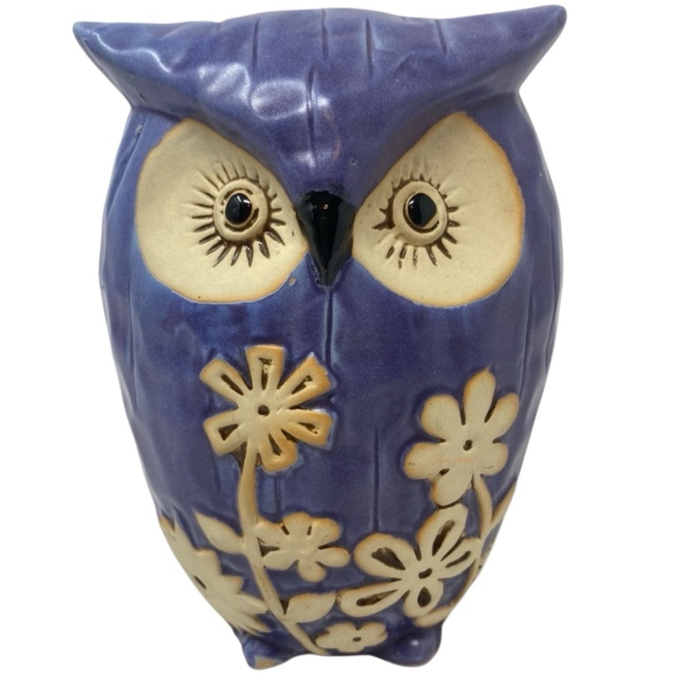 Retro '70's Purple Big Eyed Flower Ceramic Body 7.5" Owl Figurine